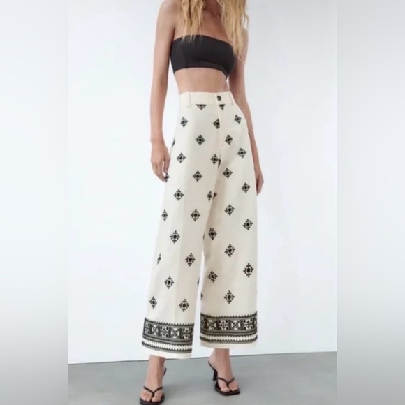 Zara Pants - ZARA Embroidered Wide Leg Pants in Cream and Black - Size XL